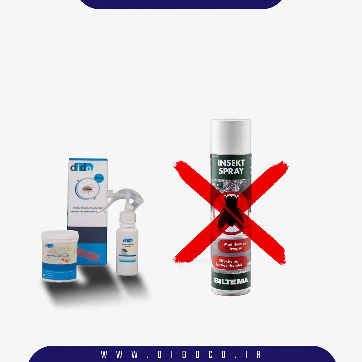 عکس از طعمه مگس دیدو در کنار یک اسپری حشره کش شیمیایی که روی آن ضربدر خورده بر روی یک پس زمینه سفید به همراه اسم مجموعه دیدو