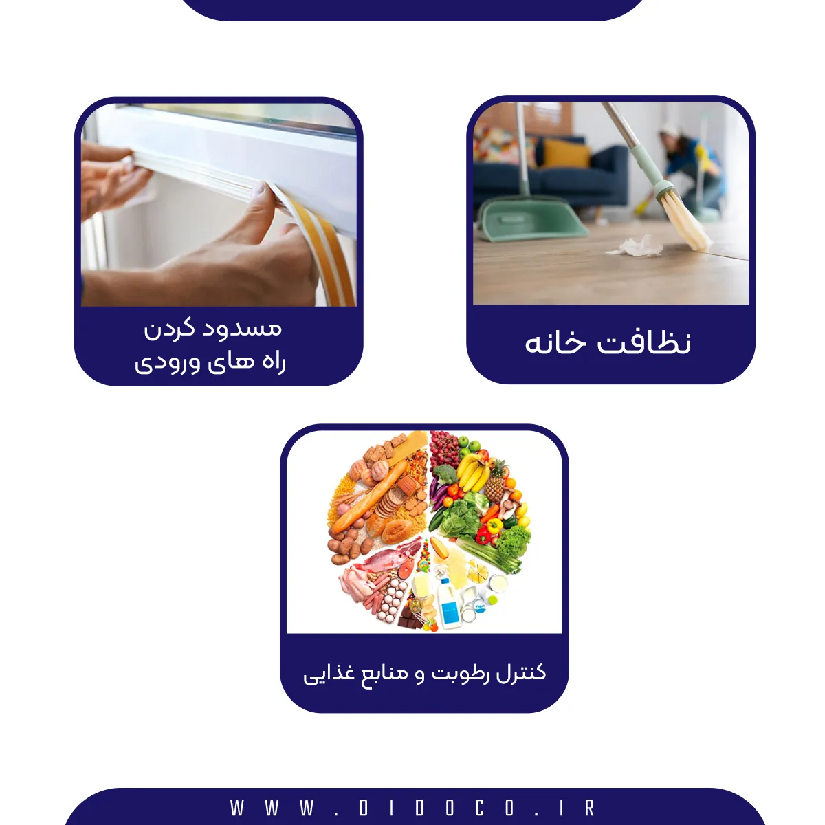 ۳ مربع بر روی یک پس زمینه سفید. یکی از مربع ها نشان دهنده نظافت خانه، دیگری نشان دهنده مسدود کردن راه های ورودی و سومی نشان دهنده کنترل رطوبت و منابع غذایی است. این موارد روش هایی برای مقابله با حشرات خانگی در تابستان هستند.