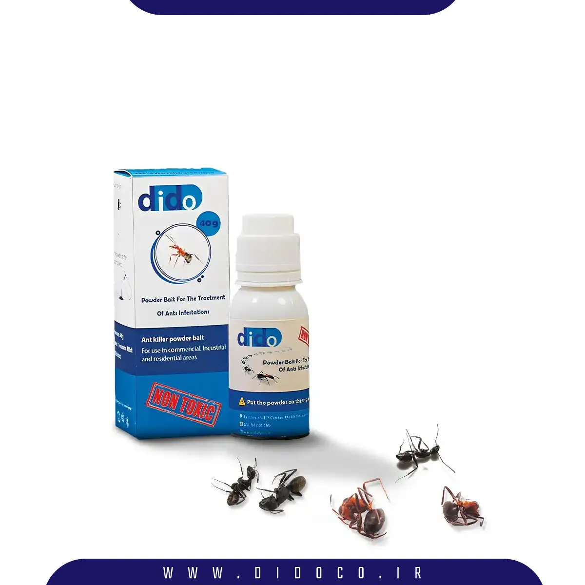 طعمه مورچه دیدو در کنار تعدادی مورچه مرده. طعمه مورچه دیدو بهترین طعمه مورچه کش است و با حذف کامل کلونی در جلوگیری از بازگشت مورچه به خانه مؤثر است